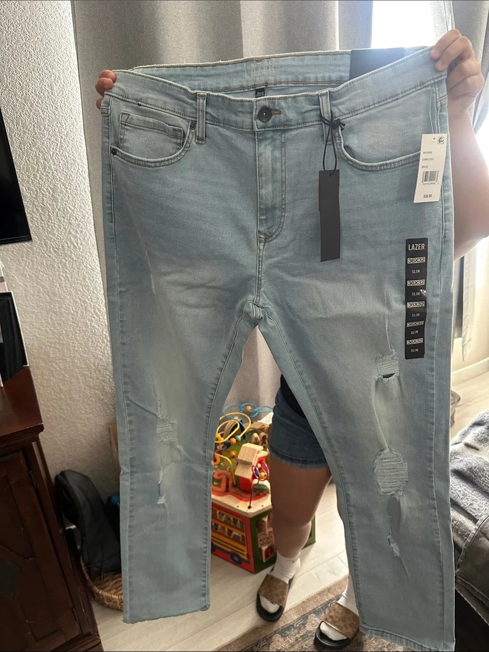 Slim Straight Light Blue Men’s Jeans - Distressed Finish